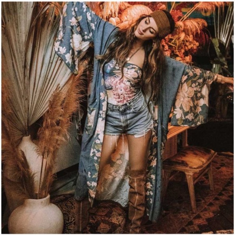 boho gypsy teal green Floral Kimono Cover up - Picture 6 of 10